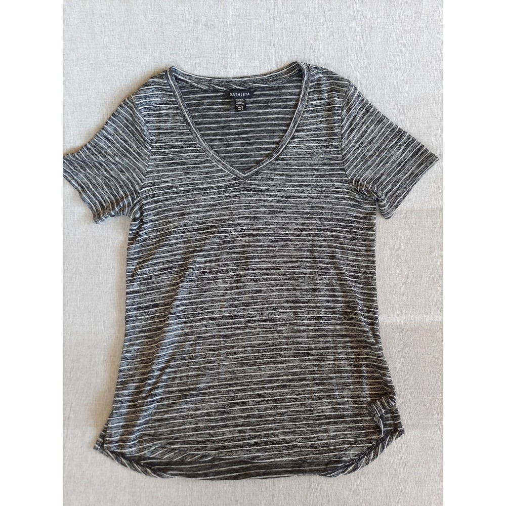 Athleta Women Medium Tall Knit Stripe vNeck Stretch Top Blouse ShortSleeve Modal
